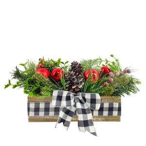 NWT AtHome Holiday Christmas Arrangement in Wood Box White Buffalo Plaid Bow 10"